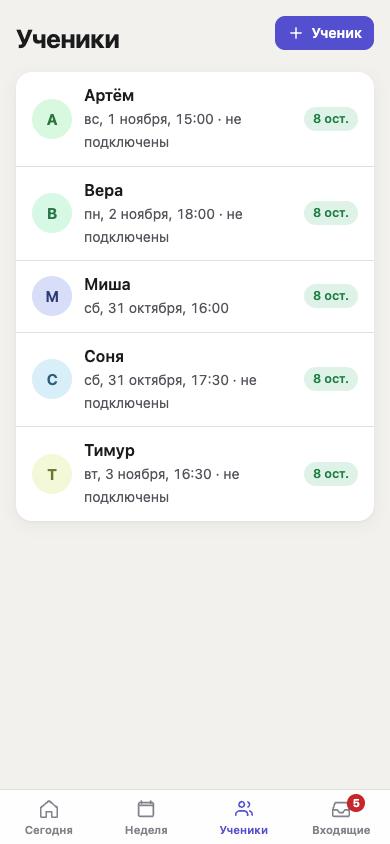 Список учеников с ближайшим занятием и остатком пакета